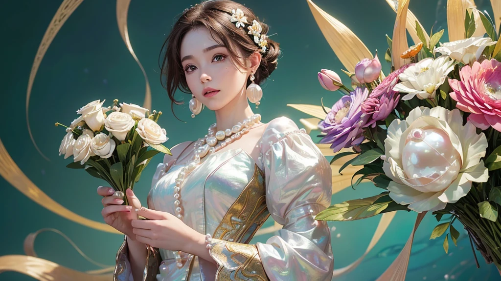 32K, 最高quality, 最高masterpiece, (ultra-Detailed Background, Detailed Background), High resolution, Super detailed, Very detailedな, 1 personの, (bouquet:1.3), (Tangled:1.2), (Geometric:1.2),(colorful),(masterpiece, quality, best quality, Official Art, Beautiful and beautiful:1.2), (1 person:1.3), Very detailed,(colorful:1.1)(Flowers:1.3),Most detailed,(Tangled:1.2), whole body, (Abstract background:1.3), (Skin glows), (Many colors:1.4), ,(Earrings Pearl:1.5), Light green background, It's imaginative., Brunette Hair, Updo, Holding a book, Holding a pen, Satin shirt,