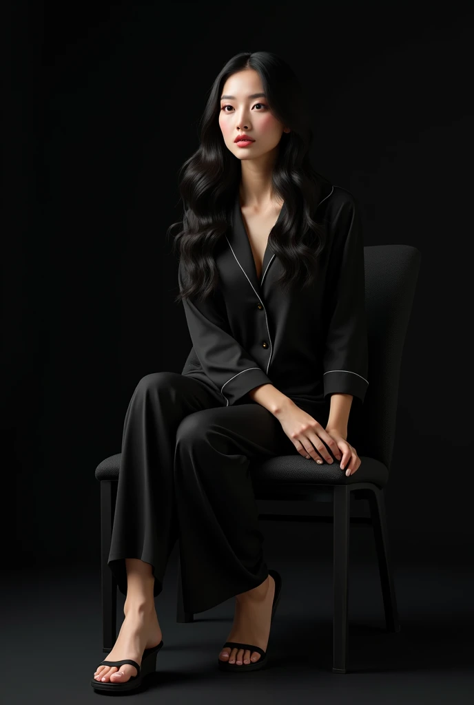 (photorealism:1.2), curve Asian woman with black wavy hair, wearing black pajamas, black sandals, sitting on chair, plain black background