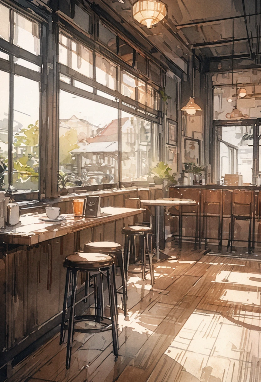 masterpiece,最high quality,Very detailed,High resolution backgrounds,8k,there is nothing,high quality,break,japanese manga style, sketch, Watercolor Colors,Cafe with a nice atmosphere,antique interior,Stylish interior,,slowly,relax,coffee,