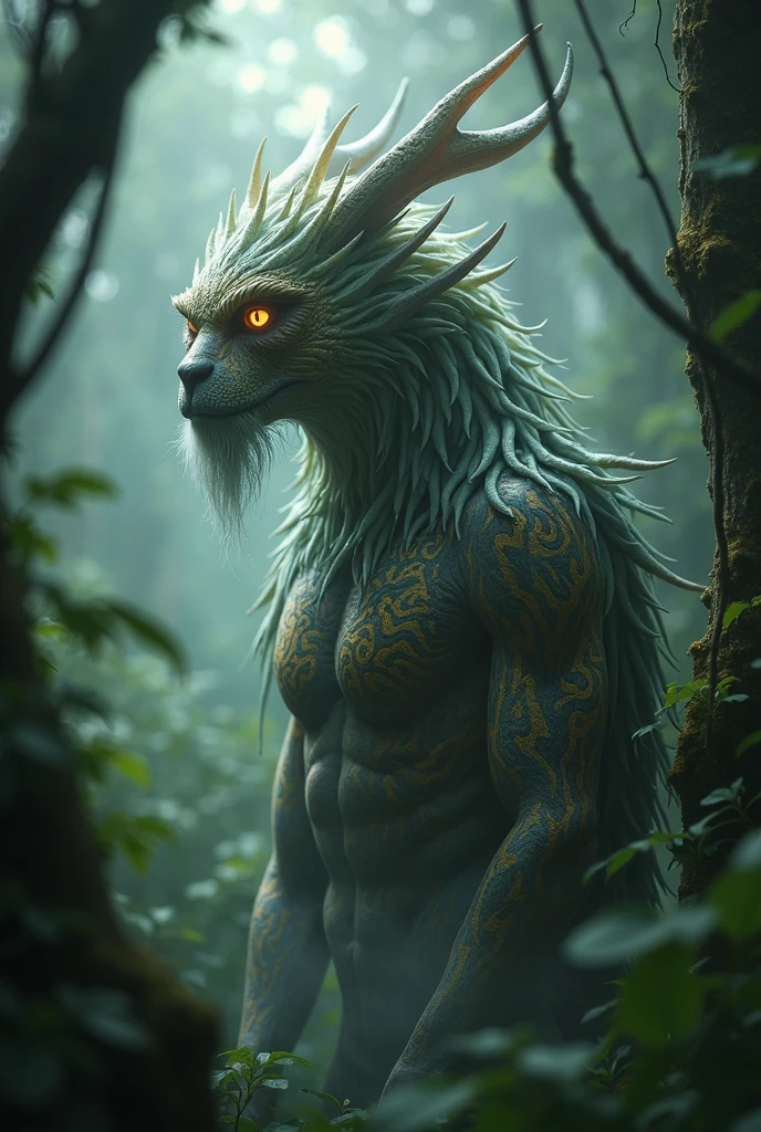 Produce highly detailed and atmospheric views of mystical woodland creatures set in a sultry jungle environment. The creature has an otherworldly appearance, with intricate body paint resembling crackling flames. The creature's face is a Japanese mythological god, with sharp angles and dense with mist, with tall trees and a moody, ethereal atmosphere, emphasizing the creature's connection to the forest. mystical.