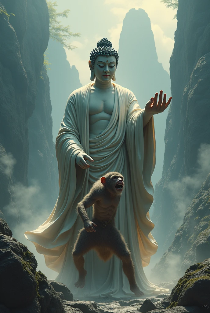 Buddha pressing Sun Wukong under the Five Elements Mountain, tense atmosphere