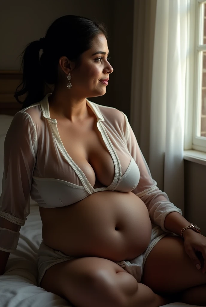 (photorealism:1.2), beautiful adult Malay woman, sitting on bed, body covered with towel big breast fully body dusty place sunshine curly hair face look alike anggun chubby spread legs cinematic dramatic view wet body chubby smoke effect cinematic view super clear view