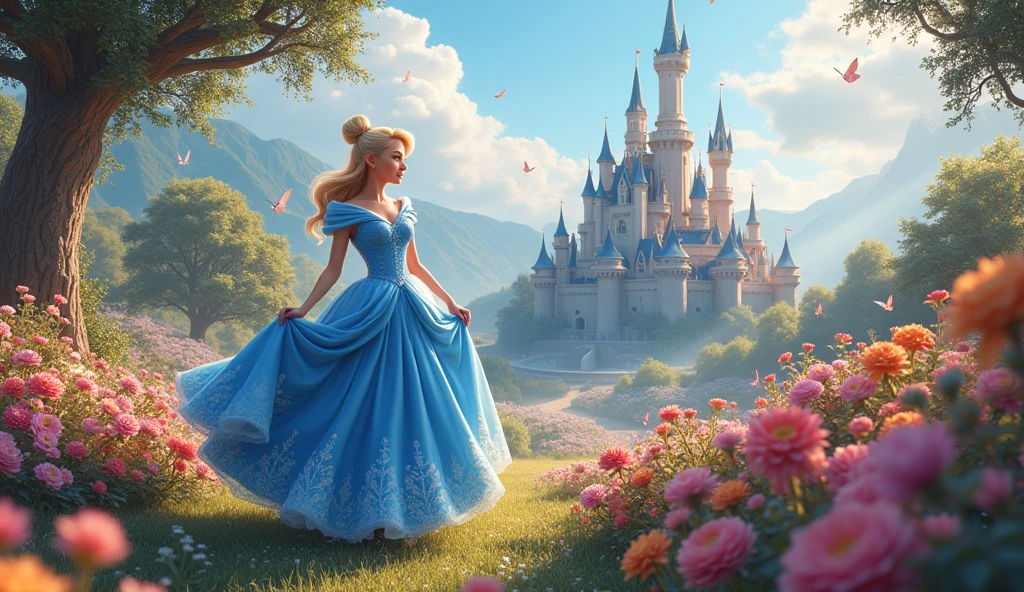 walk, Cinderella Blue , flower garden, castle background