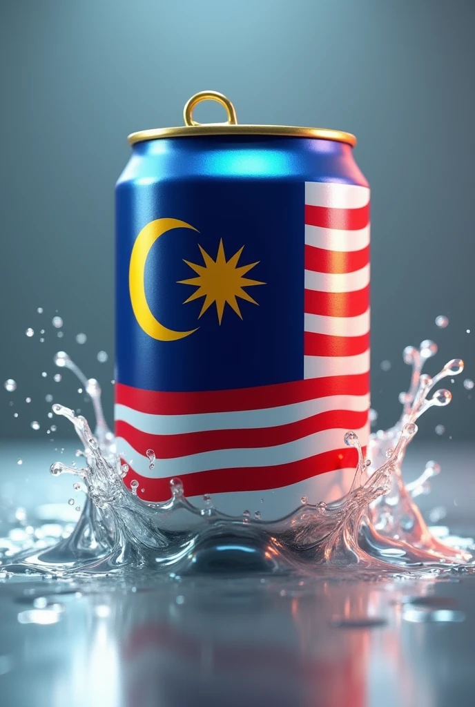a high quality 3d render of a malaysia flag printed on a tin can, highly detailed, photorealistic, studio lighting, glossy metal surface, vibrant colors, reflection, shadows, depth of field, metallic, shiny, reflective, tin can, cylinder, cylindrical, malaysian flag, national flag, patriotic, patriotism, realistic, photorealistic rendering, 4k, 8k, high resolution, masterpiece, ultra-detailed, physically-based rendering, professional, vivid colors, bokeh Splash water