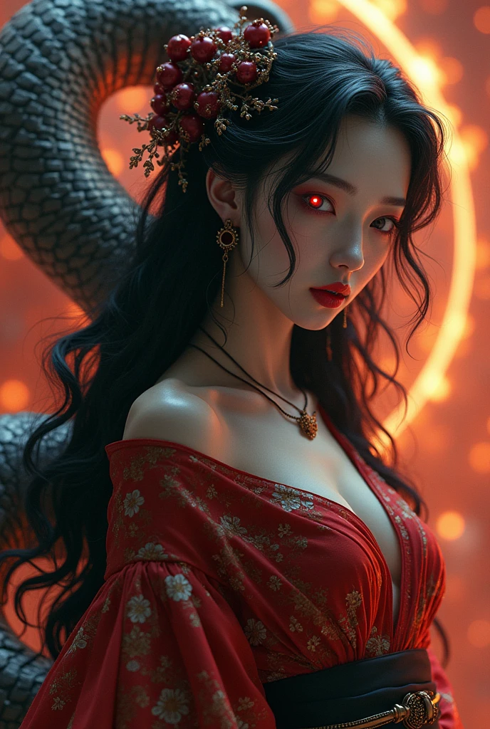 ((greatest masterpiece:1.3, ultimate quality:1.3, ultra-detailed:1.2)), (movie lighting), ((perfectly sensual)), super fine illustration, an extremely delicate and beautiful, 4K, 8K, 16K, UHD, Glossy black hair, transparent skin, crimson lips, gorgeous kimono, graceful pose, baring sharp fangs, sickle-like nails, glaring red eyes, a gigantic snake body, blazing flames, the appearance of a celestial maiden. A figure that looks like a picture of hell and a background that looks like a picture of hell, a compassionate expression and cold eyes, mysterious, dramatic, fantastic, bewitching, gloomy, Dojoji bell, Hidaka River, full moon,