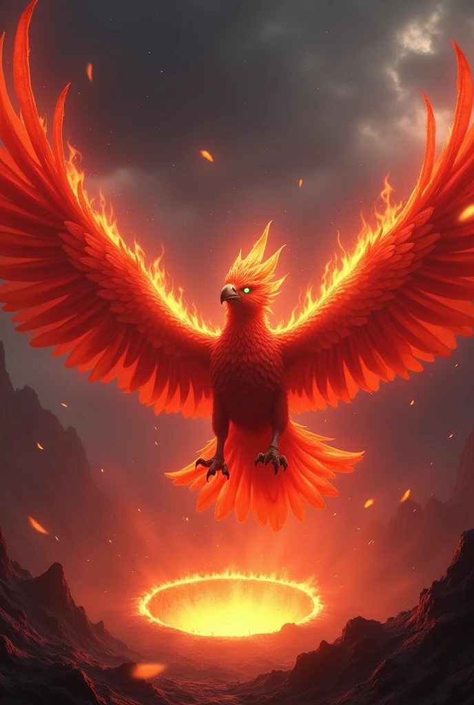 Highest quality, Very detailed,Red bird,Wearing flames,Spread your wings,fly in the sky,crater,Night Sky,eruption,Red light flows,Green Eyes,