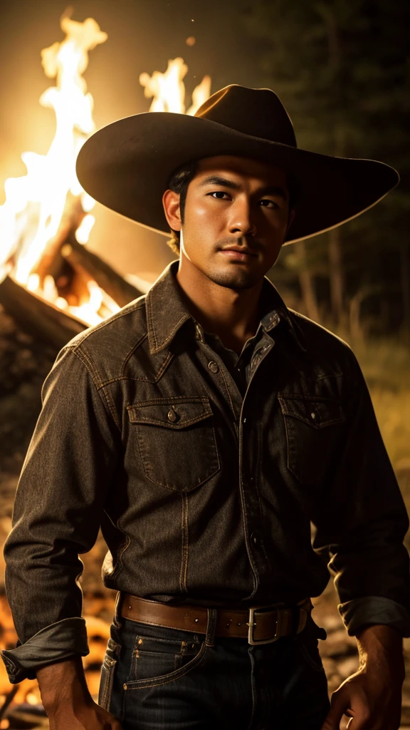 medium hair , curly, Alone, Plano americano, young cowboy looking to the right with his head down, Only the silhouette of his face is visible thanks to a campfire, pronounced chin, not so worn hat, White skin , black circles, male nose High resolution, Without beard, with Greek features