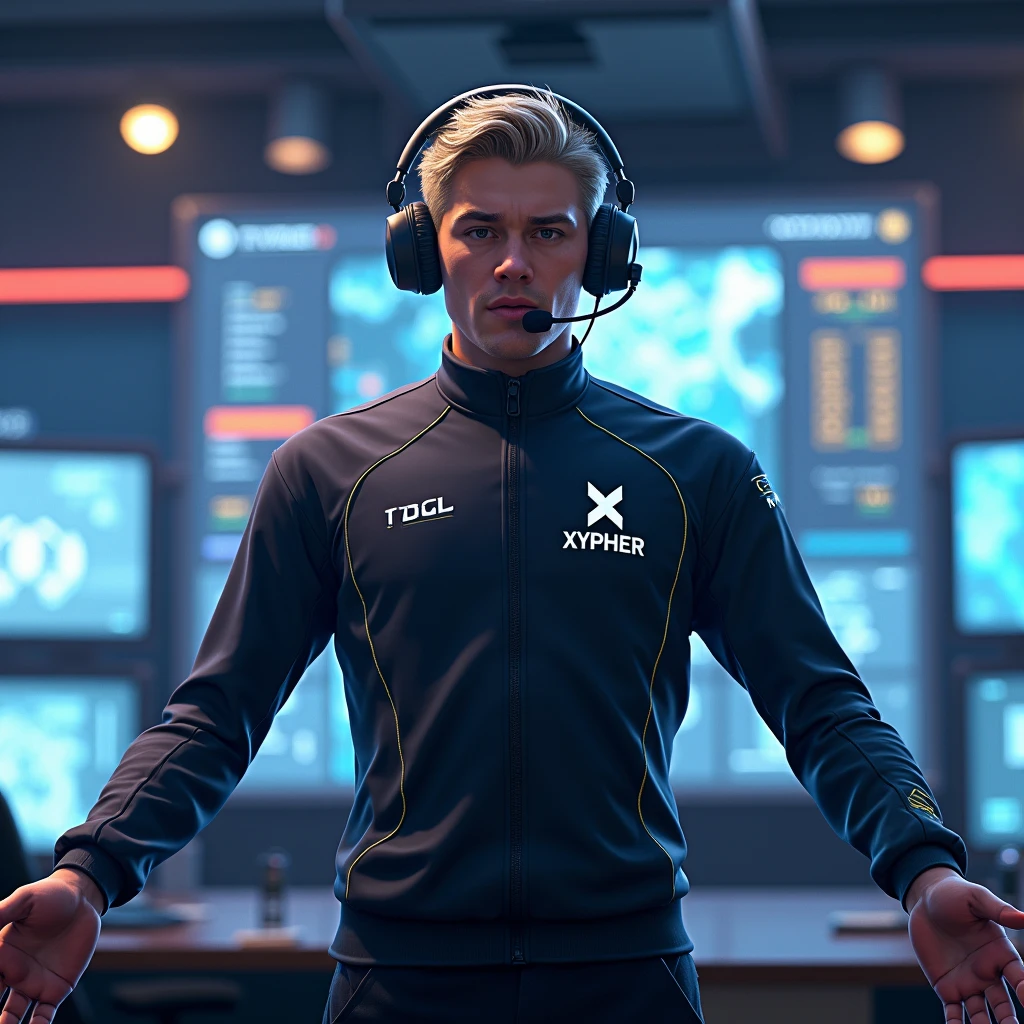Create an image of FainterX as an In-Game Leader (IGL) for Xypher Esports. FainterX should be shown in a commanding pose, wearing a sophisticated esports uniform with Xypher Esports branding. He should have a headset with a built-in microphone, and be gesturing towards a digital tactical map or holographic display, guiding his team. The background should feature an esports command center or a virtual strategic planning room, with screens displaying game stats or maps. The scene should convey leadership, strategy, and focus, reflecting his role as the IGL and written welcome FainterX as igl