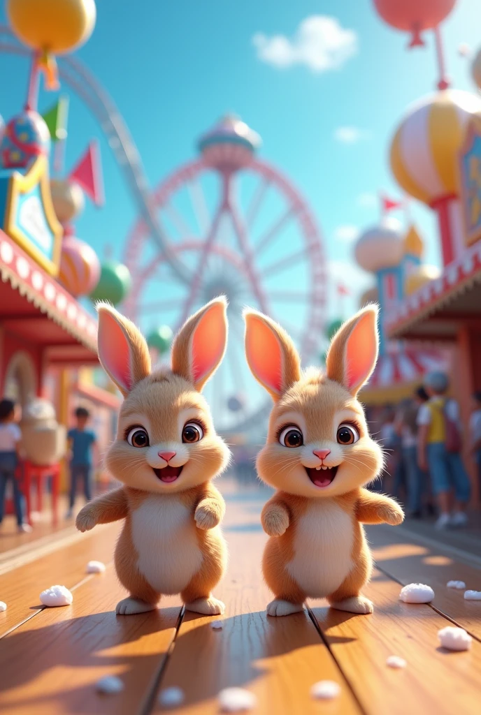 The same 2 bunnies arriving at an amusement park