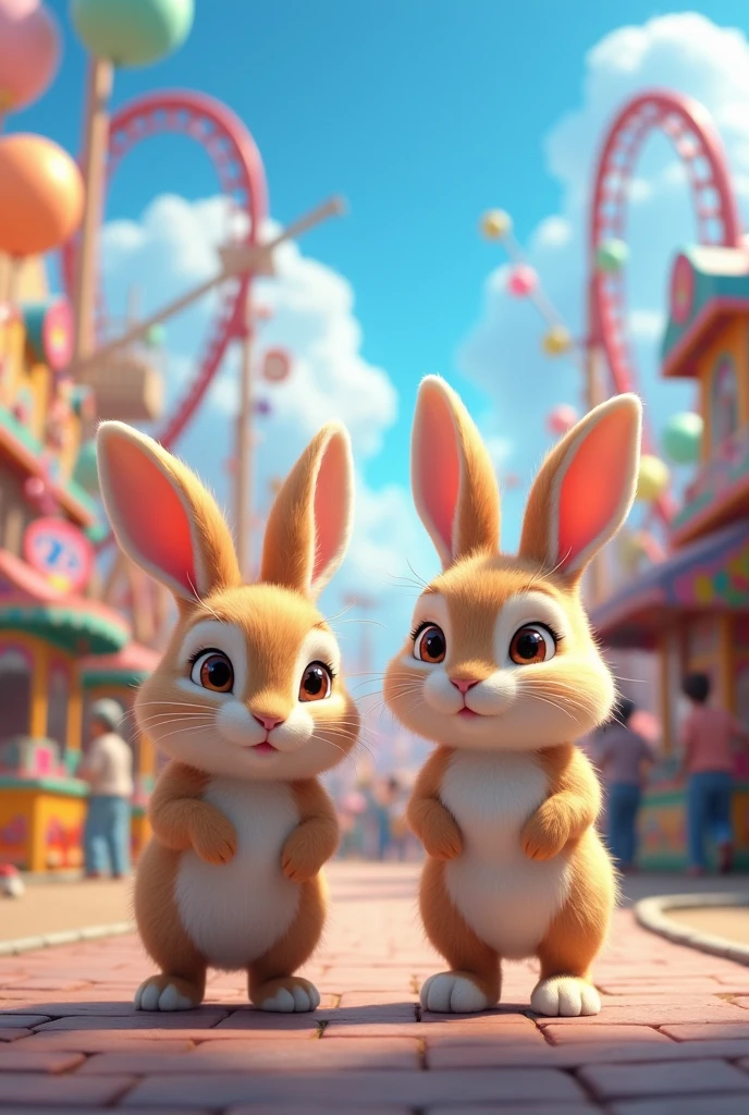 The same 2 bunnies arriving at an amusement park