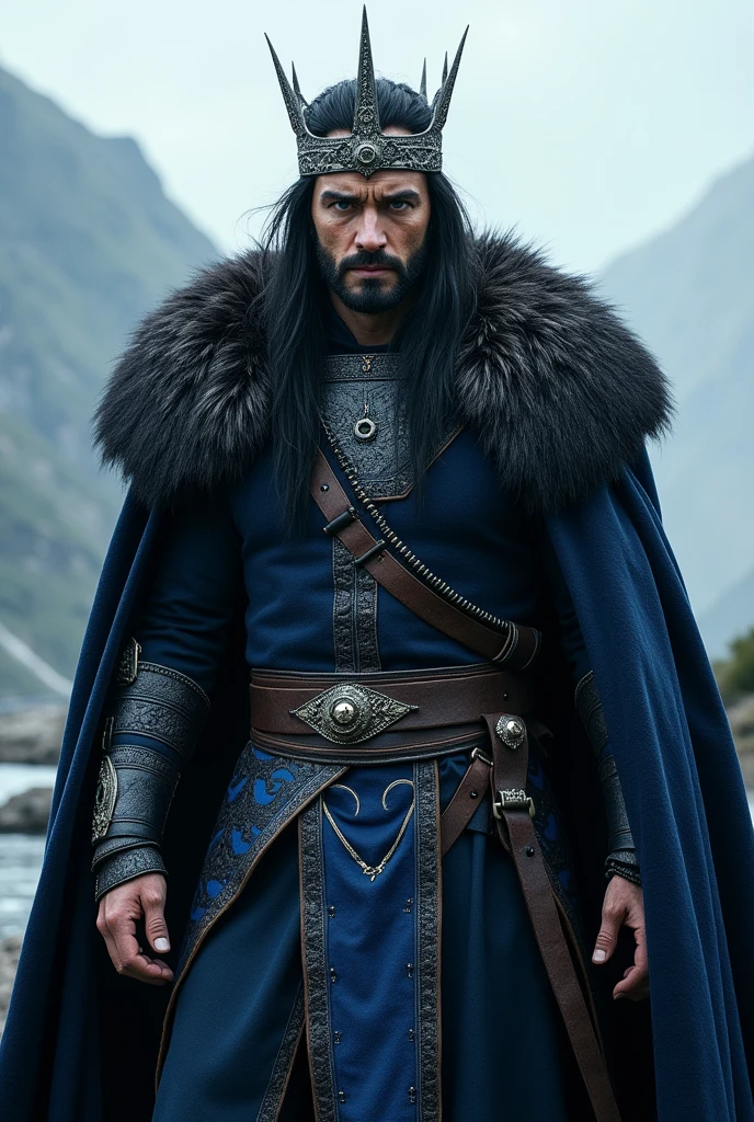 Vikings tall, thin, long black hair, blue eyes, smooth face, strong jaw, black clothes with blue details, wearing a silver crown with precious stones.