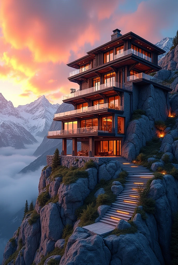 Creat a villa at top of himalayan peak with multi colour scheme and during sunset