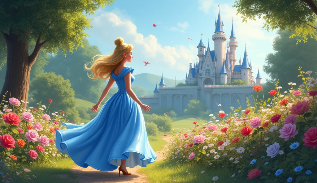 walk, Cinderella Blue , flower garden, castle background, Playing with little birds