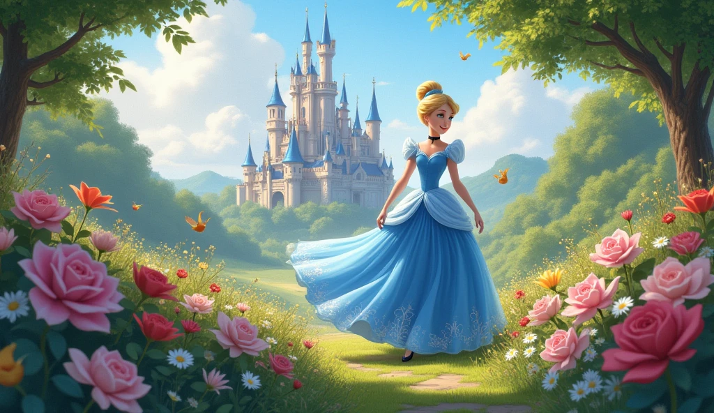 walk, Cinderella Blue , flower garden, castle background, Playing with little birds