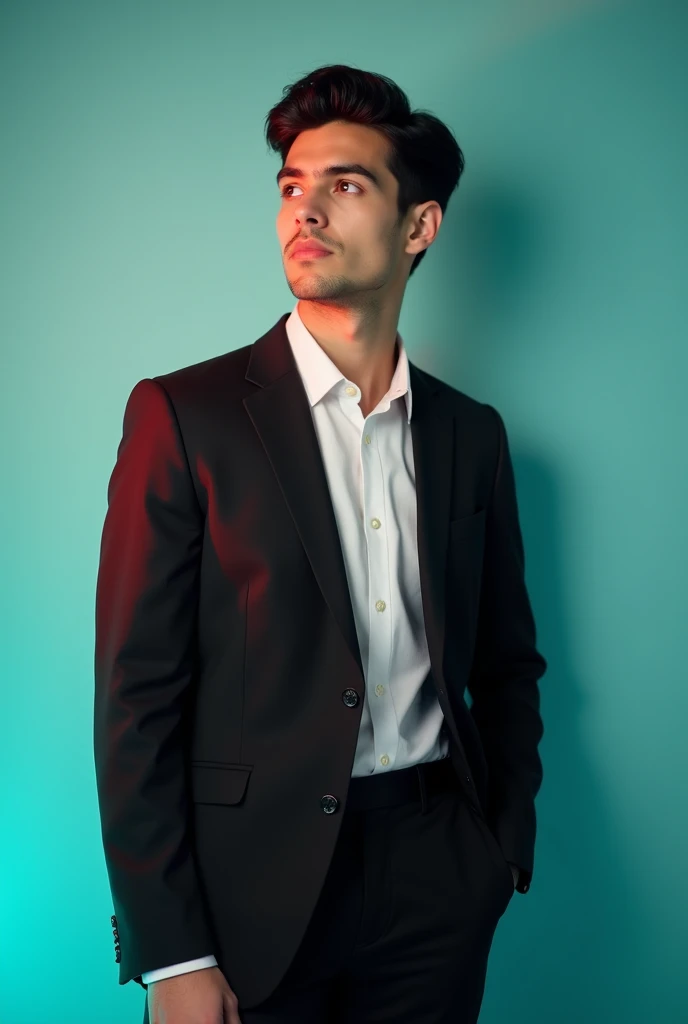 A young man with dark hair and a confident shaite.
He is dressed in a black blazer over a white shitt.
The man is positioned against aqua colour backitop
with a subtle red lighting on the left side.
and he posing for Linkedln profile