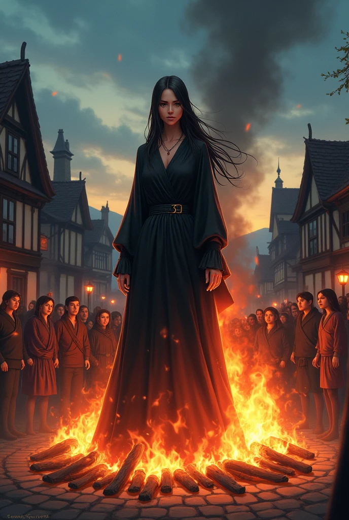 A witch being burned at the stake in the background of a medieval village, anime style