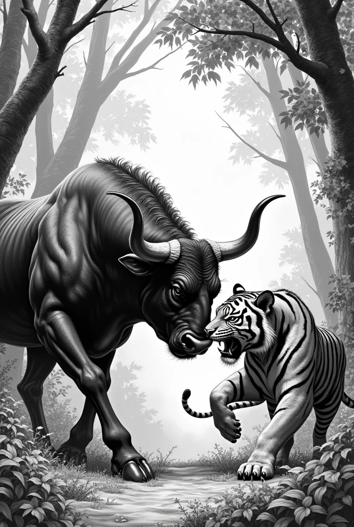 stippling drawing of bull fighting with tiger in the forest