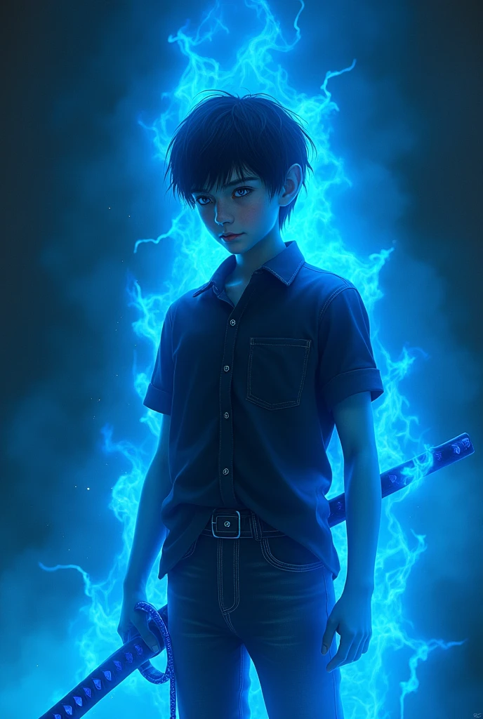 Create an image of a boy with blue aura blue eyes black shirt black jeans and a blue and black katana