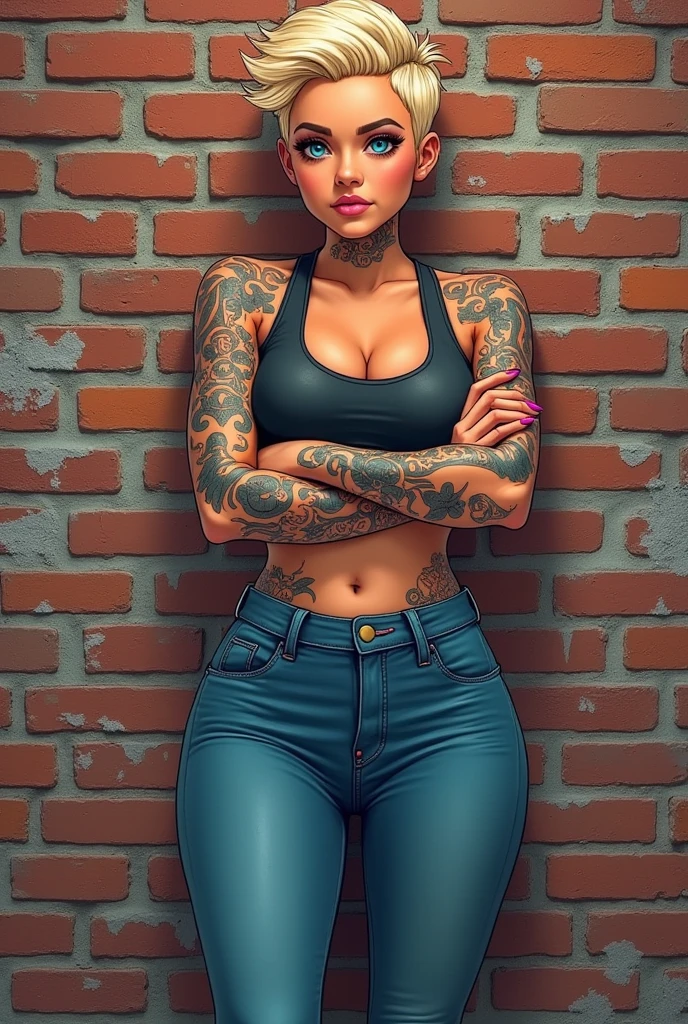 A tanned curvy heterosexual blonde girl with very short pixie hair and big breasts and full body tattoos. very feminine, small waist, wide hips with her arms crossed standing, Nails done, sports bra, waist high blue demin jeans ankle boots, cartoon style
brick Wall