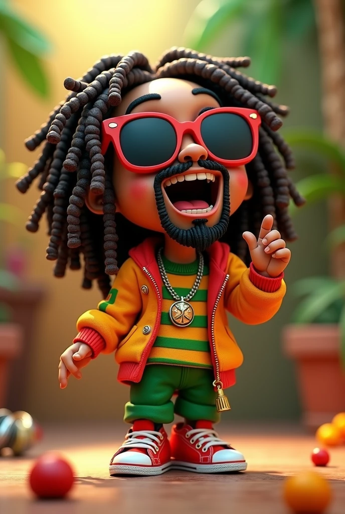 a close-up of a cartoon character wearing sunglasses and a pair of sneakers, 3d characters, arte raggae, 3d character, 3d character, 3d character art, Cartoon art style, rastafarian, 3d cartoon, 3d character render, 3d stylized, High detail iconic character, singing, Um Anime Nendoroid de Snoop Dogg