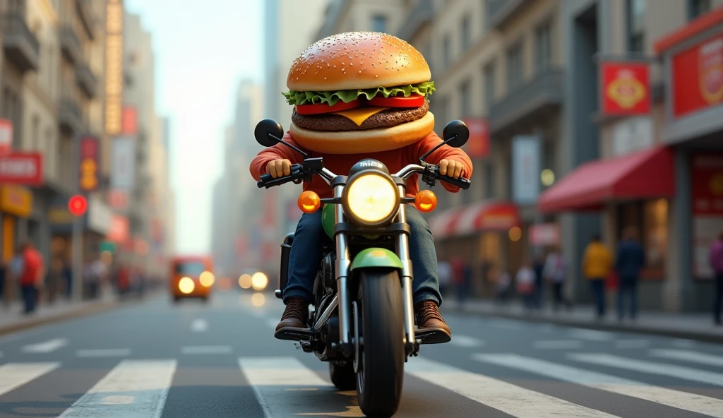 Make an animated burger riding a motorcycle, realist, in a city, png sin fondo, that it is a delivery