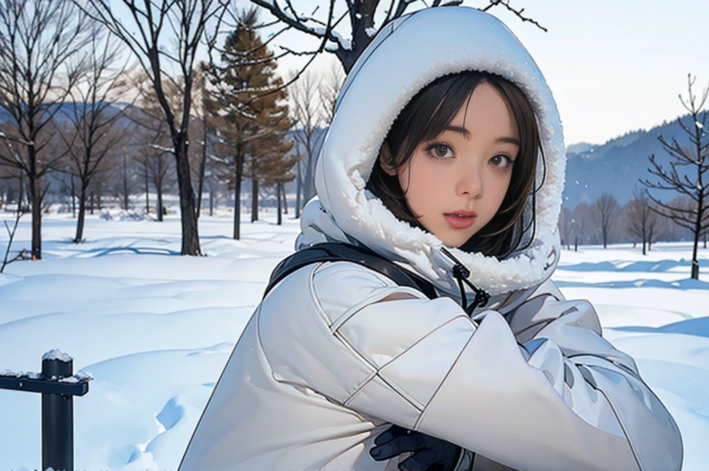 Snowy winter scene、Barren tree々A figure standing alone in the。A girl wearing a black beanie and a fur-trimmed hooded coat、Looking through the scope of a bolt-action rifle。She has long brown hair tied back、Gloves to protect against the cold、Long sleeve、Wearing a hat。Her parted lips、When aiming the barrel、He has a look of determination on his face.。Snow covered trees々was coming up behind her.、A few bare branches reach up into the sky like skeletal fingers.。