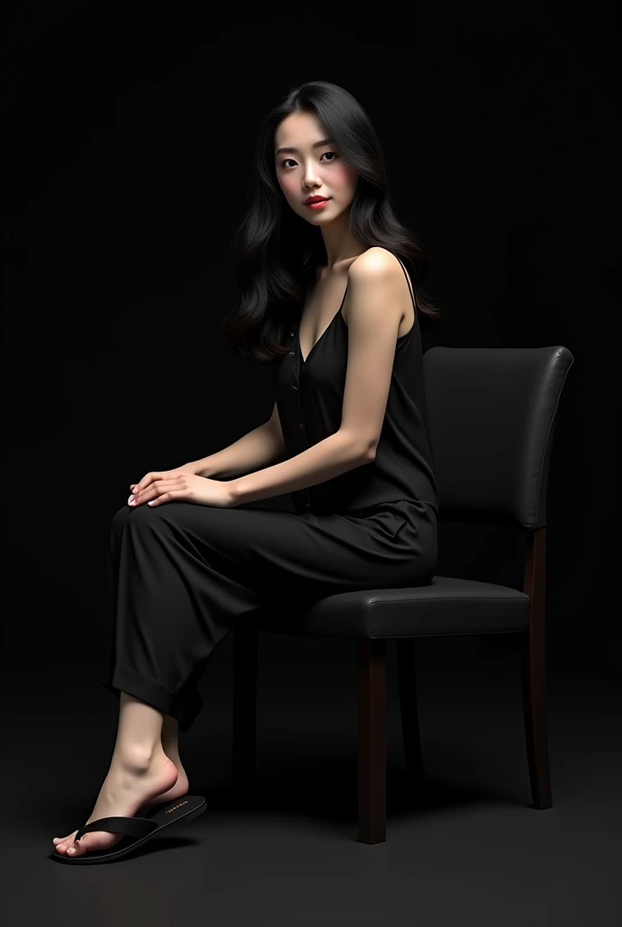 (photorealism:1.2), curve Asian woman with black wavy hair, wearing black pajamas, black sandals, sitting on chair, plain black background