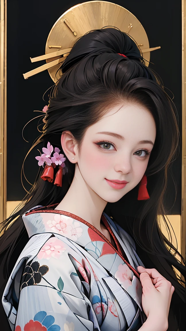 SeaArt creates stunning digital illustrations of beautiful women in kimono、A beautiful woman smiles and shows her upper white teeth、Vividly colored digital illustrations reminiscent of Ukiyo-e、Brown-black long hair、Beautiful full body style、If you want to dance, try the Tokyo Ondo~Yoiyoi、Yukata looks good too、Beautiful and innovative digital anime paintings,、 Detailed digital anime art in the background、Shrines and temples in Kyoto、Beautiful digital animated portrait、