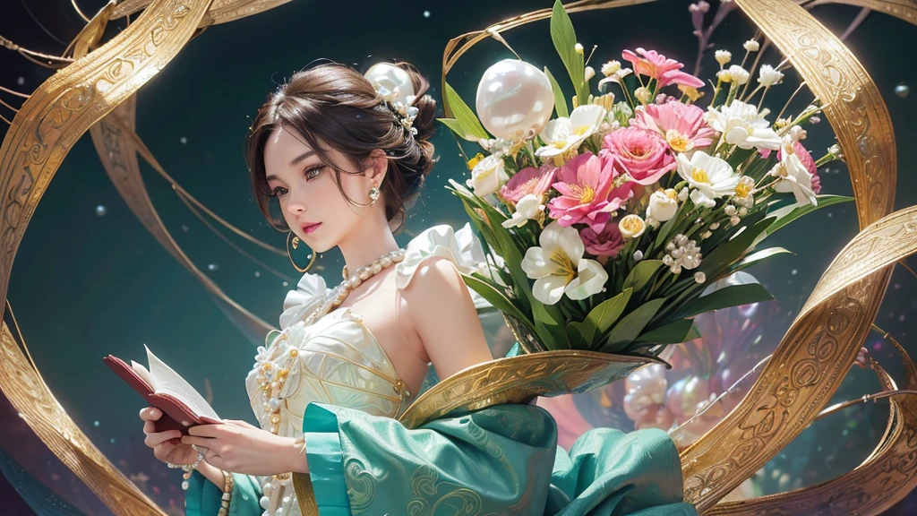 32K, 最高quality, 最高masterpiece, (ultra-Detailed Background, Detailed Background), High resolution, Super detailed, Very detailedな, 1 personの, (bouquet:1.3), (Tangled:1.2), (Geometric:1.2),(colorful),(masterpiece, quality, best quality, Official Art, Beautiful and beautiful:1.2), (1 person:1.3), Very detailed,(colorful:1.1)(Flowers:1.3),Most detailed,(Tangled:1.2), whole body, (Abstract background:1.3), (Skin glows), (Many colors:1.4), ,(Earrings Pearl:1.5), Light green background, It's imaginative., Brunette Hair, Updo, Holding a book, Holding a pen, Satin shirt,