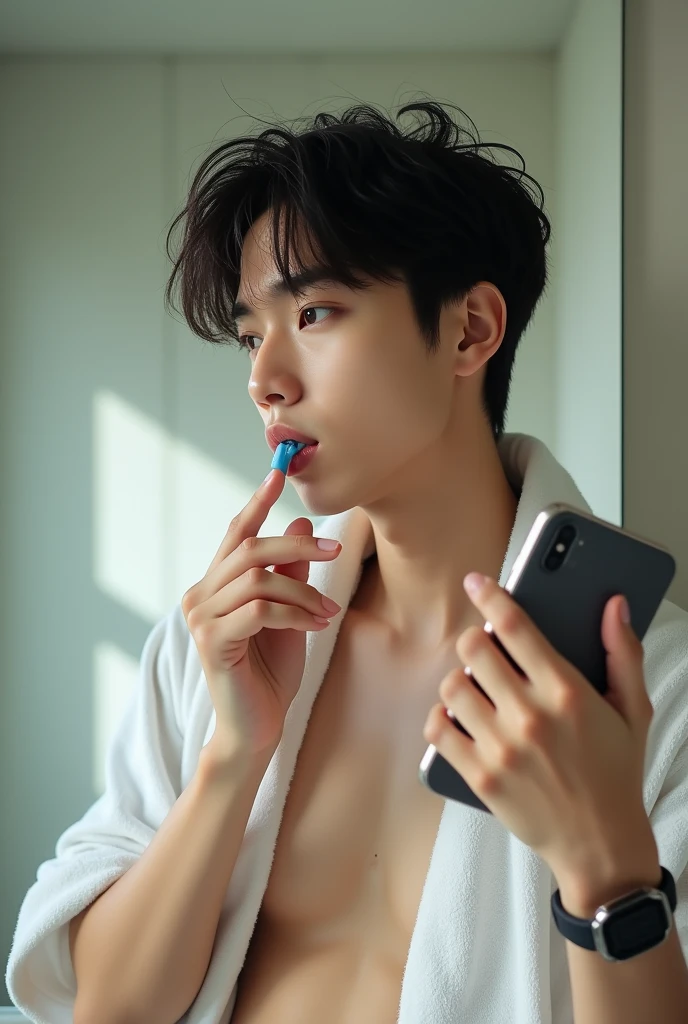 taehyung bts , brushing teeth and holding a cell phone, and around his neck there is a towel