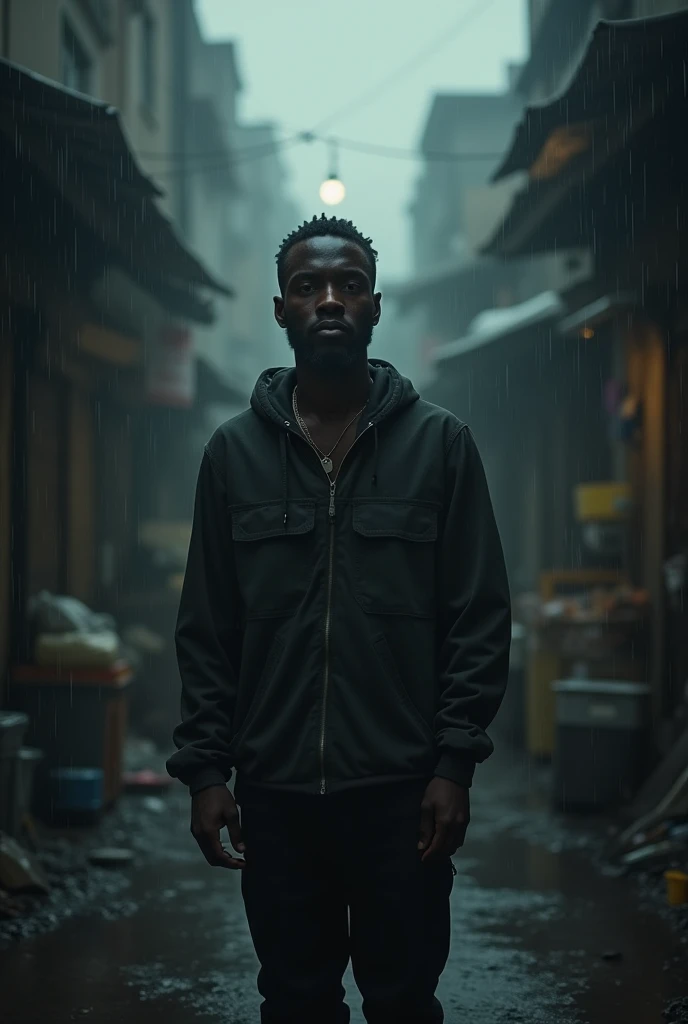 A man with background rain ,in slum ,artist ,hip hop