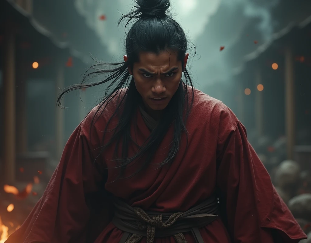 Malay Admiral getting Mad,wearing Malay attire,Hang Tuah,dark,scary,revenge,powerful,young and handsome,strong,bold,male,using Baju Melayu,Malay face,wearing simple attire shirt