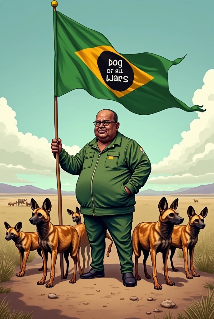 A 4k illustration  of  fat caricature of Samia suluhu holding "green" flag   Surrounded by scavenges wild Dogs  with writing on the flag"Dog  of  all wars"  serengeti  terrain  background  writing at the bottom  of the picture  "CCM" 