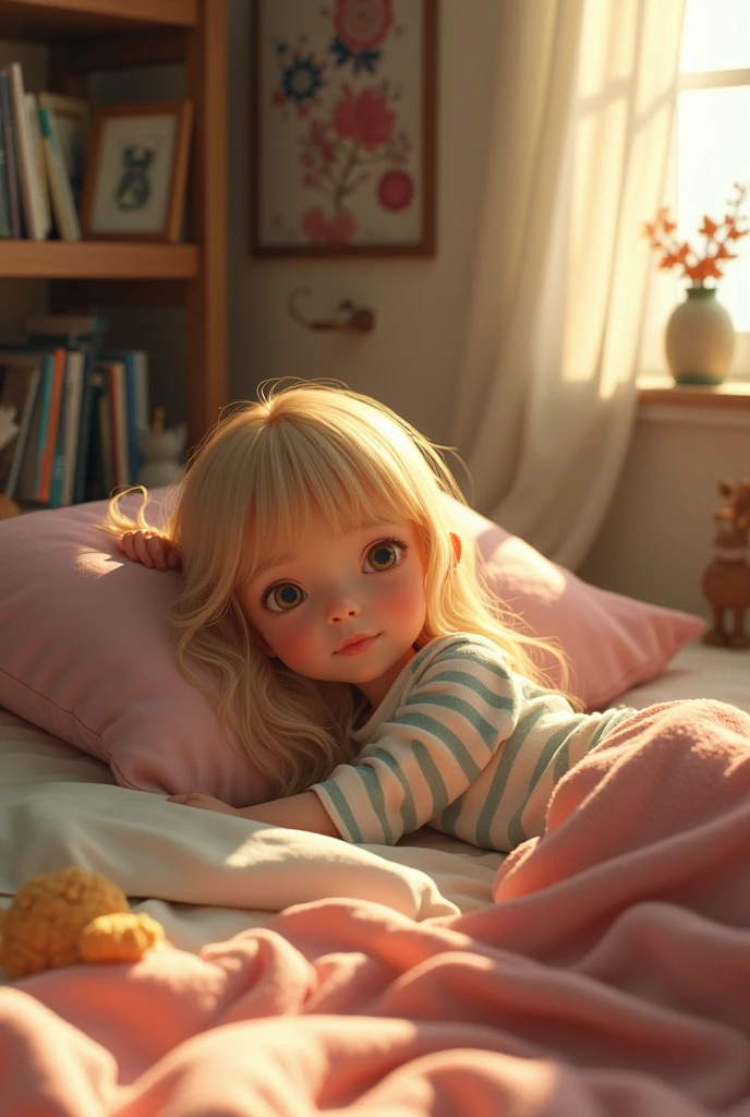 blonde girl with short chort in her room