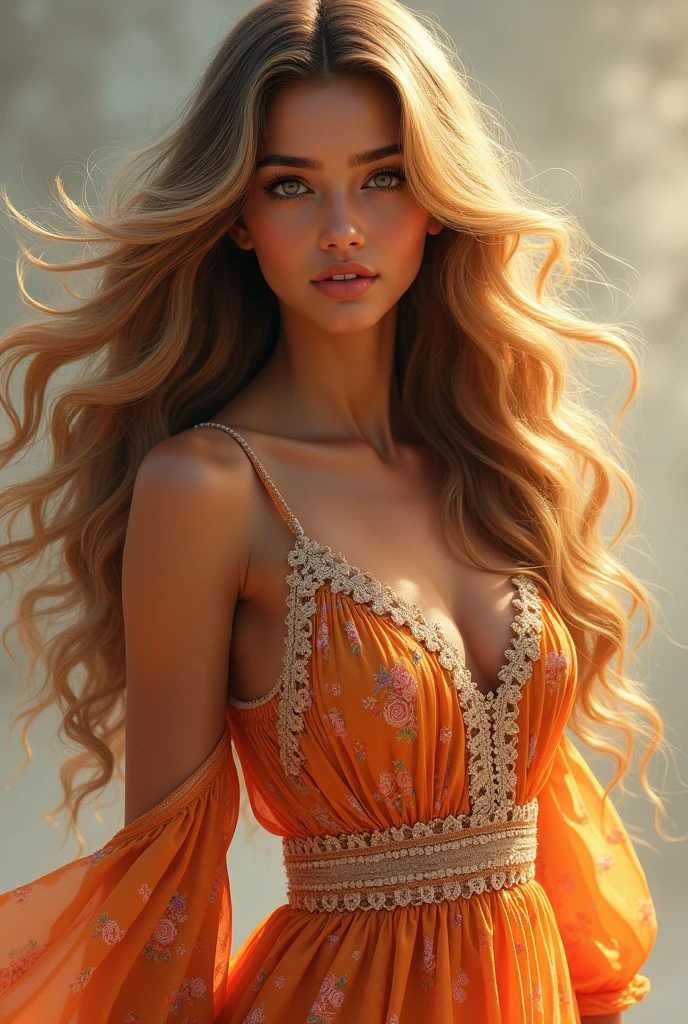 An Indian girl with golden wave hair wearing a western style dress and giving an pose in camera 