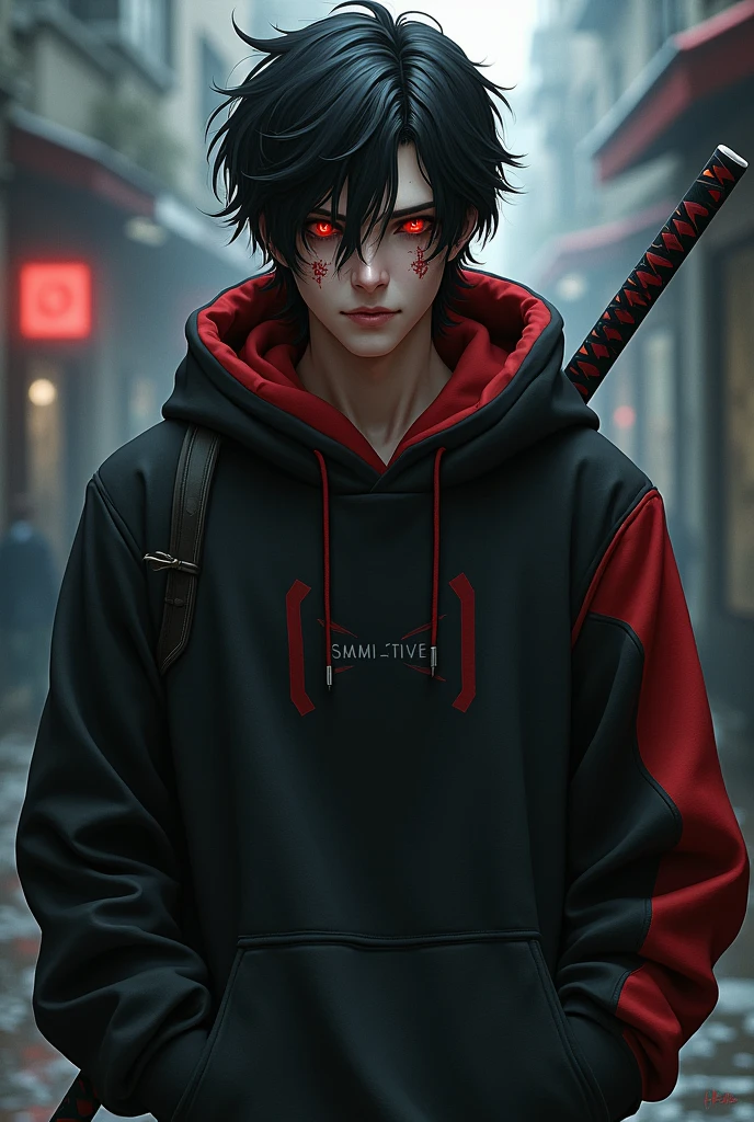 An injured male character with red eyes, black hair tossed to one side, black sweatshirt with red details, and a katana