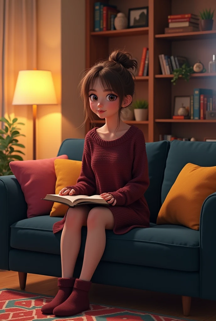 The young woman is sitting on a dark blue velvet sofa in a cozy living room. She is wearing a loose, comfortable burgundy-colored sweater dress and wool socks. Her shoulder-length brown hair is tied into a messy bun. She holds an open book on her lap, but looks at the camera with a thoughtful, relaxed look. The living room is decorated with colorful cushions, a geometric patterned rug, and a bookshelf filled with books and souvenirs. A floor lamp diffuses a soft, warm light, creating an intimate and comfortable atmosphere.
