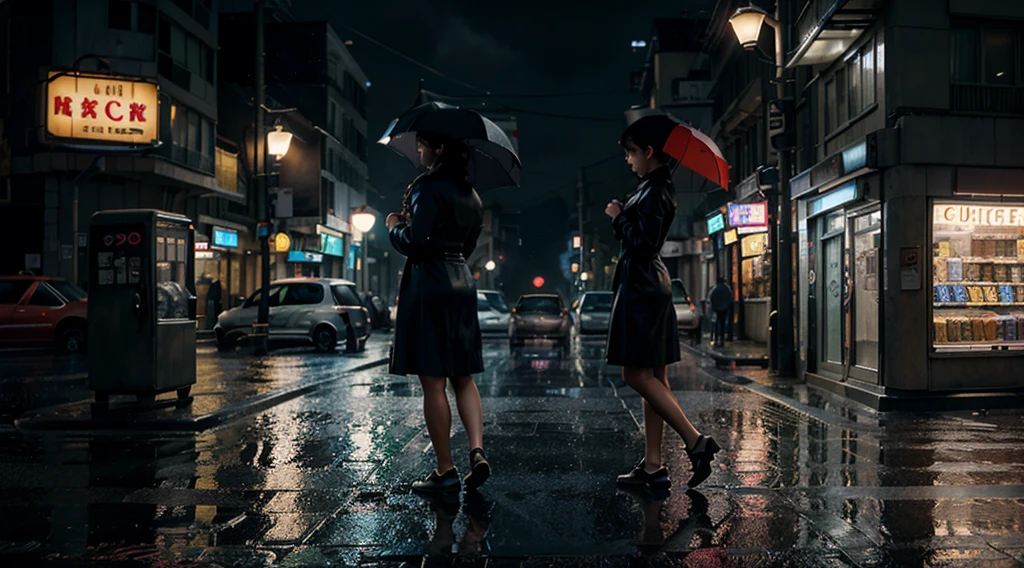 Low-fi isometric illustration of a street corner., Street light,moon,Heavy rain, vending machine, Woman walking with an umbrella 64kniji 6 --aspect 16:9 --stylize 1024X576 --quality 1 --chaos 0y Greg Rutkowski,
