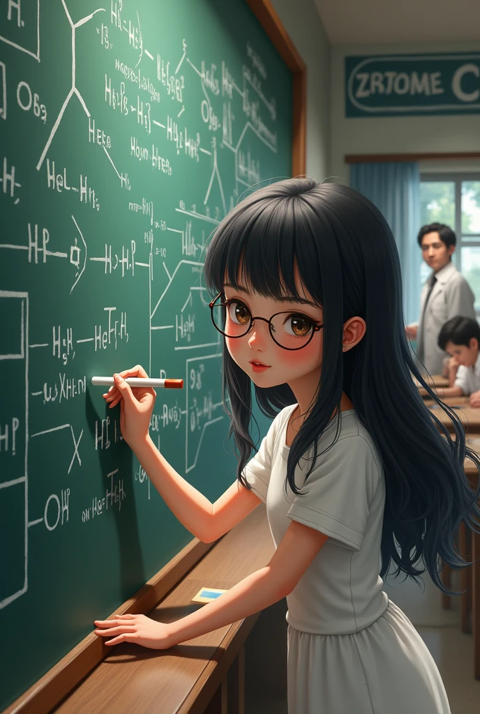 A girl is writing a chemical formula on the blackboard, with black hair, a white dress, glasses, students and a chemist teacher in the classroom