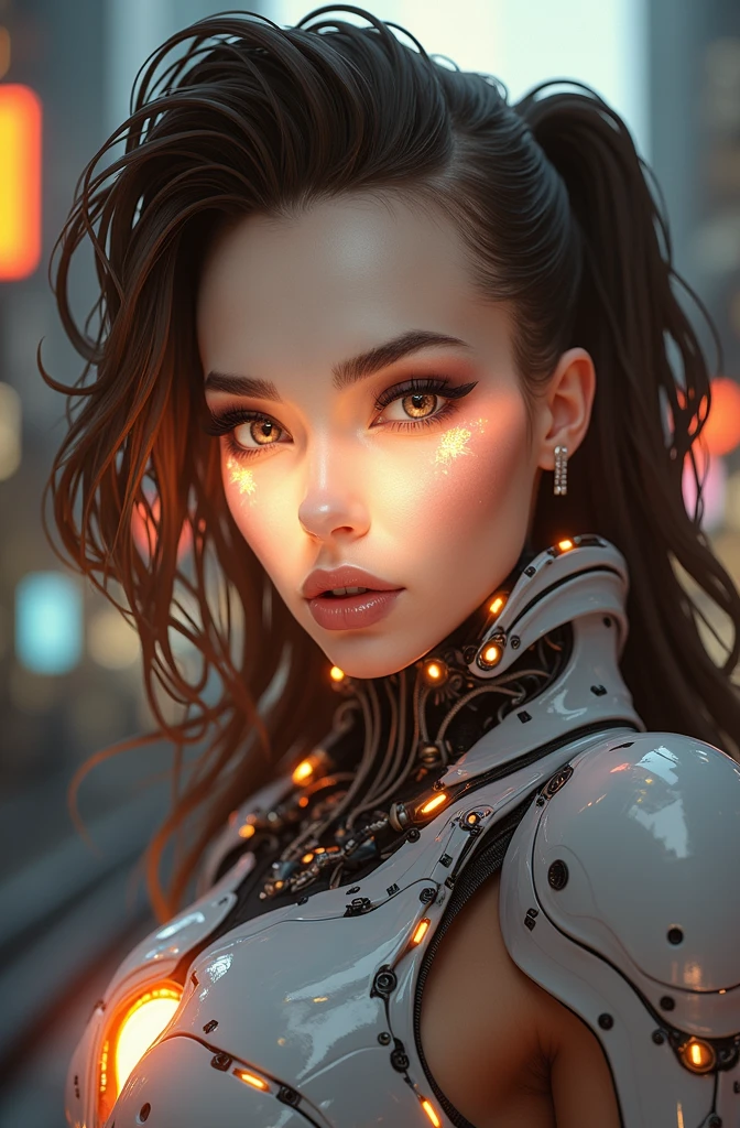 a woman in a futuristic suit with a glowing head and chest, cyberpunk art inspired by Marek Okon, cgsociety contest winner, digital art, gynoid cyborg body, girl in mecha cyber armor, cyber suit, cybersuit, in white futuristic armor, cybersuits, diverse cybersuits, gynoid body, echo from overwatch, perfect anime cyborg woman