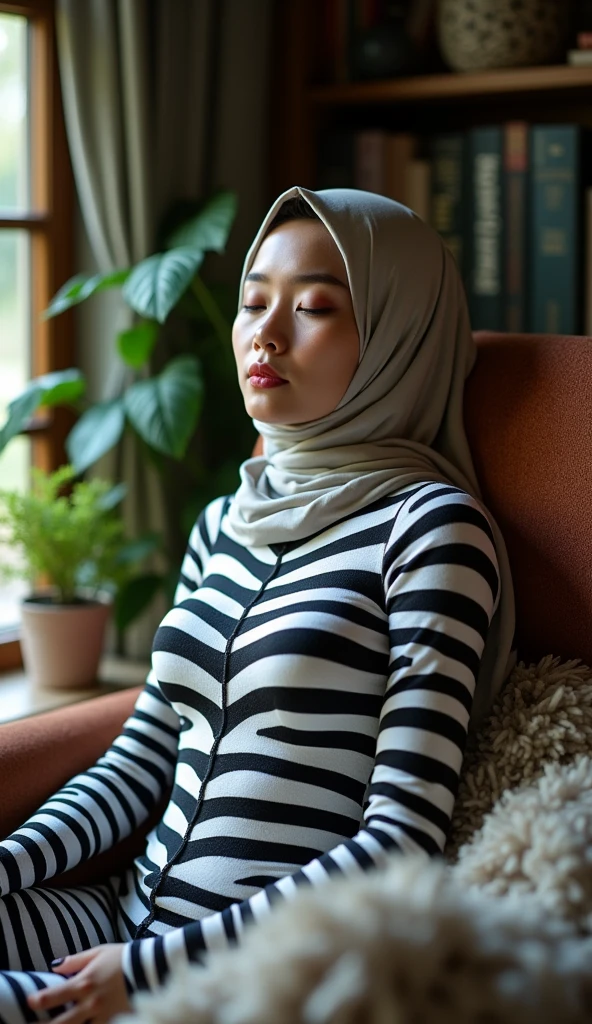 The beautiful,thin and clever asian muslimah adult girl with beautiful cheeks wears mountain zebra print lycra turtleneck unitard catsuit covered with stripes and mountain zebra print lycra elastane stretchy dancewear shawl hijab covered with stripes.She is sleeping in the zookeeper's office.She is a zookeeper.She always put fake zebra print stripes that are made of animal makeup marker kit.