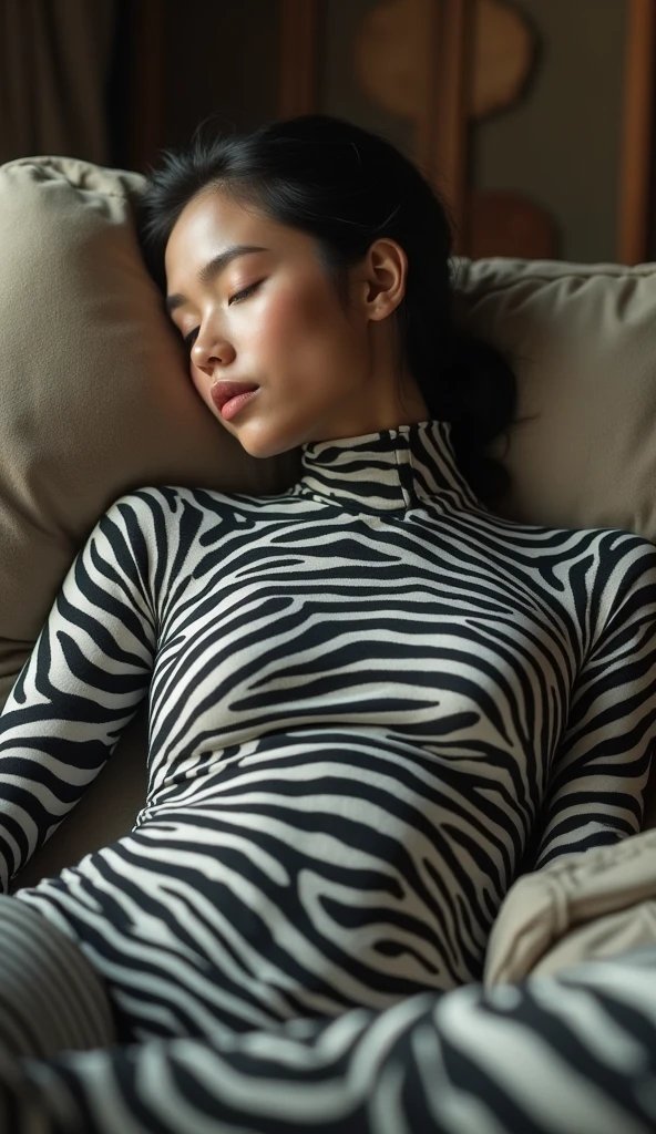 The beautiful,thin and clever asian muslimah adult girl with beautiful cheeks wears mountain zebra print lycra turtleneck unitard catsuit covered with stripes and mountain zebra print lycra elastane stretchy dancewear shawl hijab covered with stripes.She is sleeping in the zookeeper's office.She is a zookeeper.She always put fake zebra print stripes that are made of animal makeup marker kit.