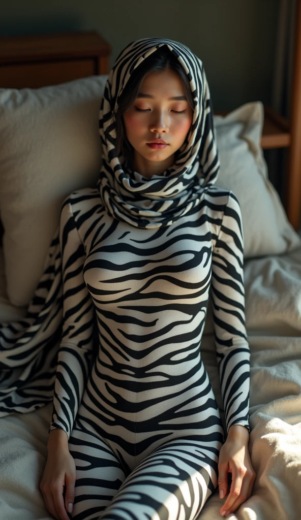 5 beautiful,thin,most pretty and clever Asian muslimah women with beautiful cheeks wear plains zebra print lycra footed turtleneck unitard catsuit covered with stripes and plains zebra print lycra elastane stretchy dancewear hood hijab covered with stripes.They are sleeping on the mattress