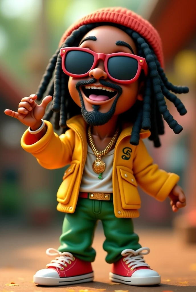 a close-up of a cartoon character wearing sunglasses and a pair of sneakers, 3d characters, arte raggae, 3d character, 3d character, 3d character art, Cartoon art style, rastafarian, 3d cartoon, 3d character render, 3d stylized, High detail iconic character, singing, Um Anime Nendoroid de Snoop Dogg