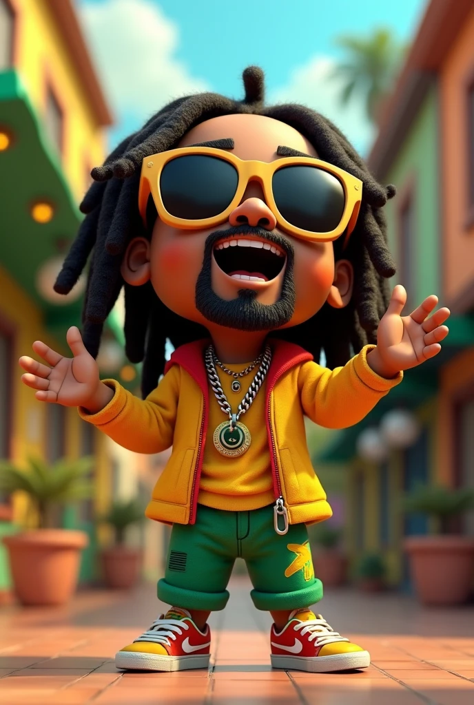 a close-up of a cartoon character wearing sunglasses and a pair of sneakers, 3d characters, arte raggae, 3d character, 3d character, 3d character art, Cartoon art style, rastafarian, 3d cartoon, 3d character render, 3d stylized, High detail iconic character, singing, Um Anime Nendoroid de Snoop Dogg