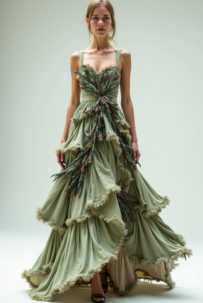 Create a sketch of a beautiful dress made from recycled material that can be easily reproduced 