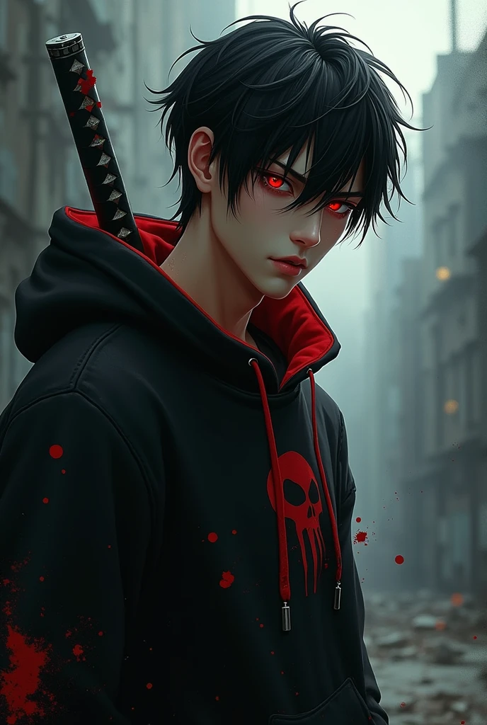 An injured male character with red eyes, black hair tossed to one side, black sweatshirt with red details, and a katana 
