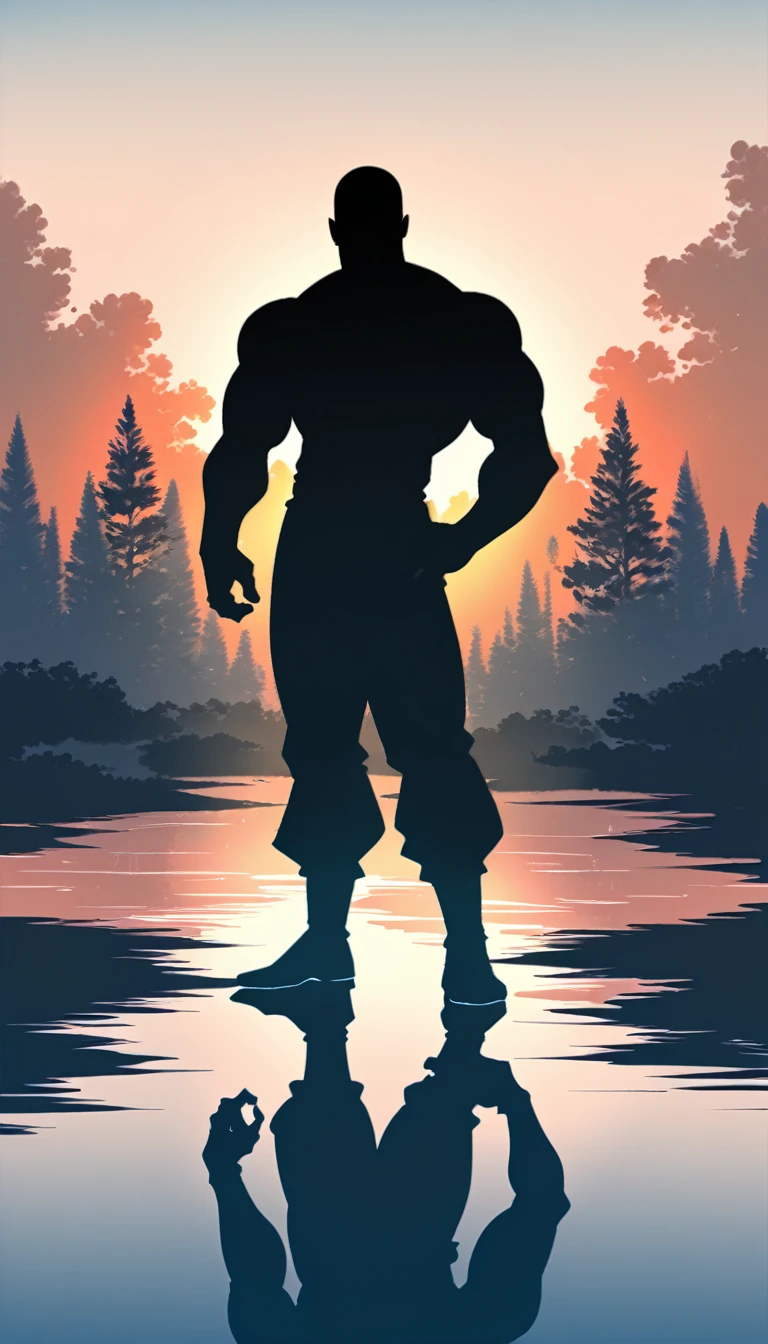 A Strong Buddhist muscular man stands in the smoke, Black jumpsuit, Very tight, Silhouette effect, Tall muscular man, Priapus, Dark Black, Dark black skin, Buzz Cut, His muscles are very developed, Very tall, short hair, Blend into the smoke, Lake, Reflection, Sunset, Sunset, Man silhouette, Chinese, black and white, Simple style