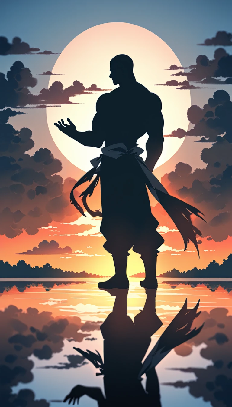 A Strong Buddhist muscular man stands in the smoke, Black jumpsuit, Very tight, Silhouette effect, Tall muscular man, Priapus, Dark Black, Dark black skin, Buzz Cut, His muscles are very developed, Very tall, short hair, Blend into the smoke, Lake, Reflection, Sunset, Sunset, Man silhouette, Chinese, black and white, Simple style