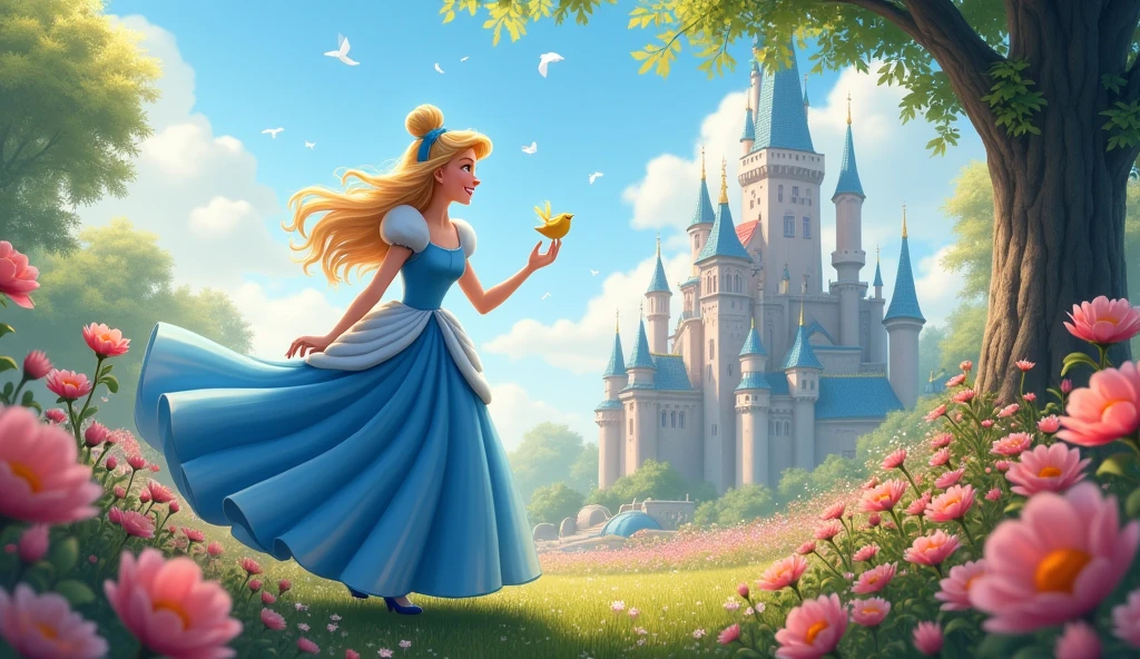 play, Cinderella Blue , flower garden, castle background, playกับนกเล็ก